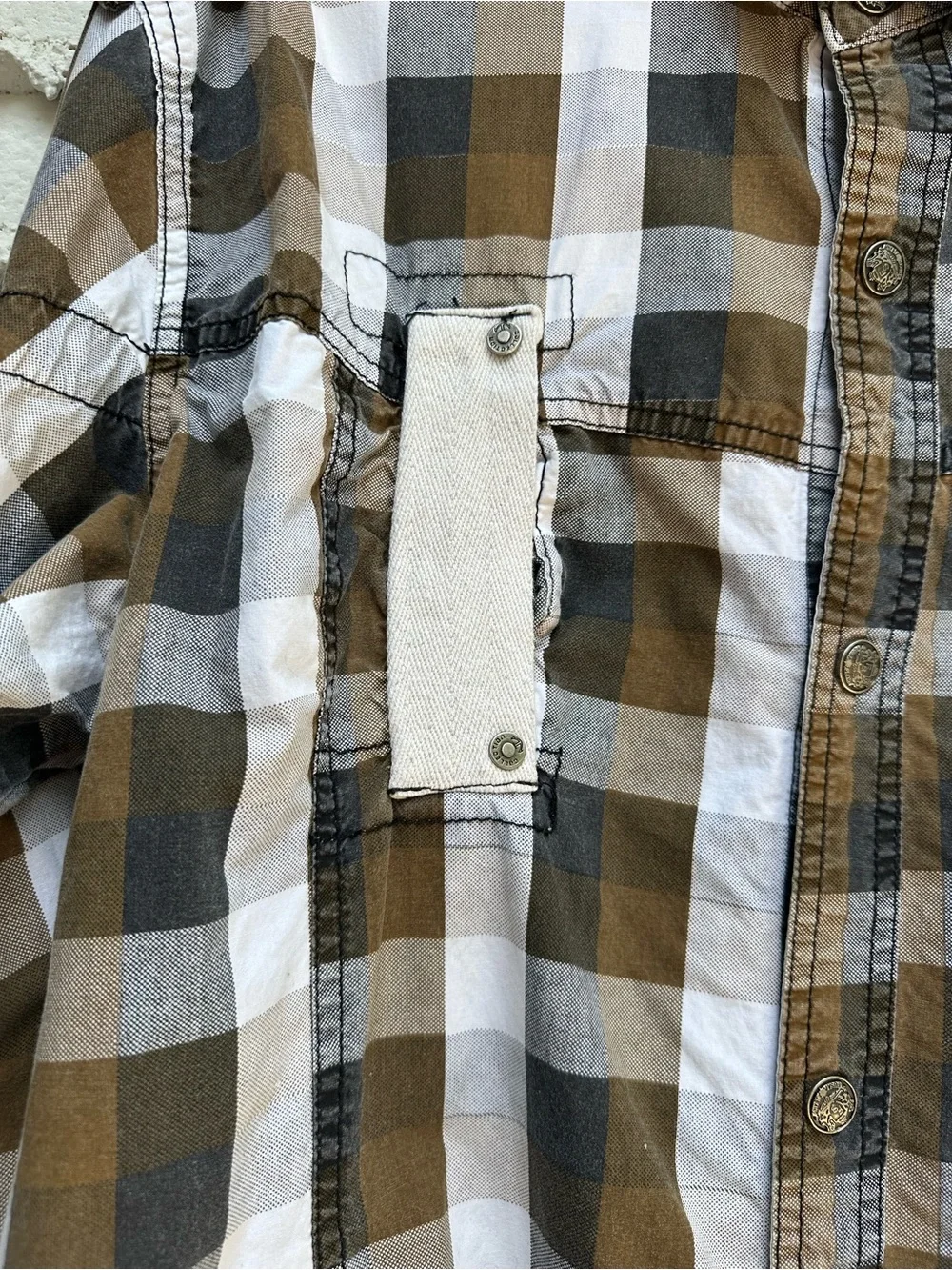 FUSAI Jeans Mens Large Plaid Utility Snap Shirt, Moto Grunge  Y2K Heavy Cotton L